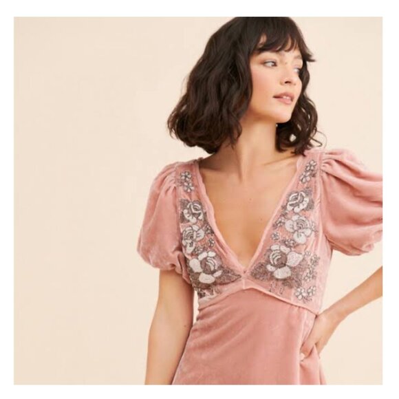 FREE PEOPLE Suki Beaded Misty Rose Floral Mini Dress Size 0 NEW WITH TAG - Picture 2 of 11